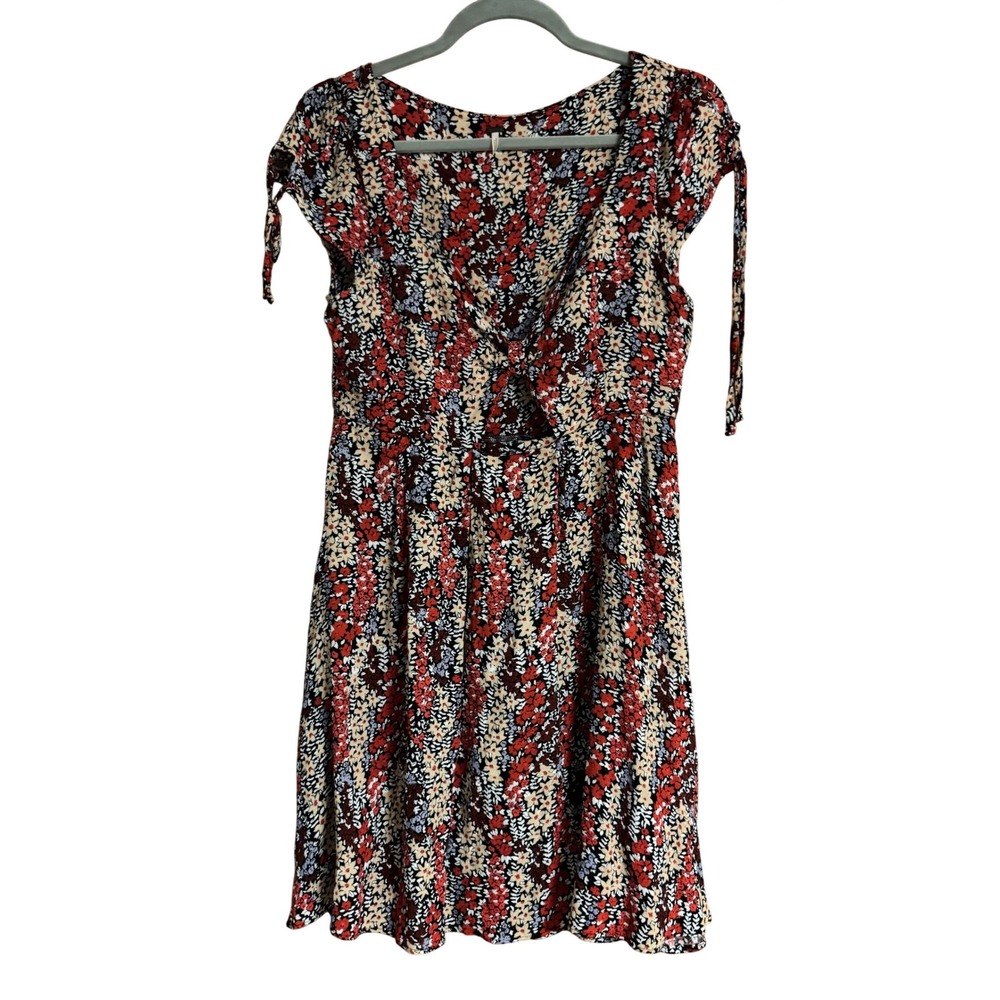 Free People Floral Knot Front Mini Dress Red Blue Ditsy Print Boho Womens Size M